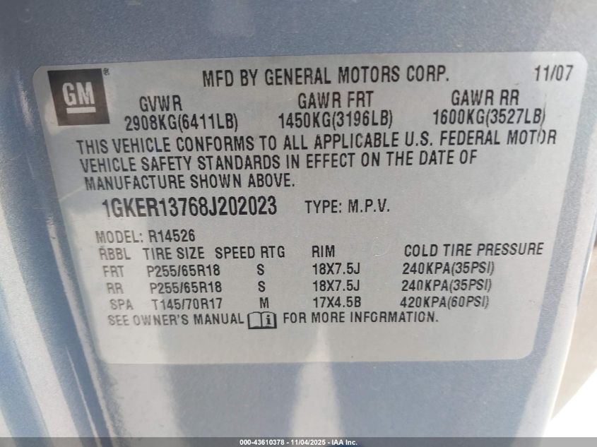 2008 GMC Acadia Sle1 VIN: 1GKER13768J202023 Lot: 43610378