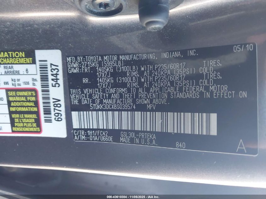 2011 Toyota Sienna Le V6 VIN: 5TDKK3DCXBS039574 Lot: 43610384