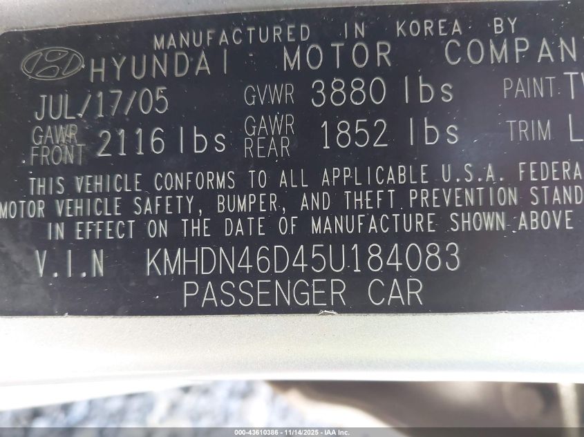 2005 Hyundai Elantra Gls/Gt VIN: KMHDN46D45U184083 Lot: 43610386