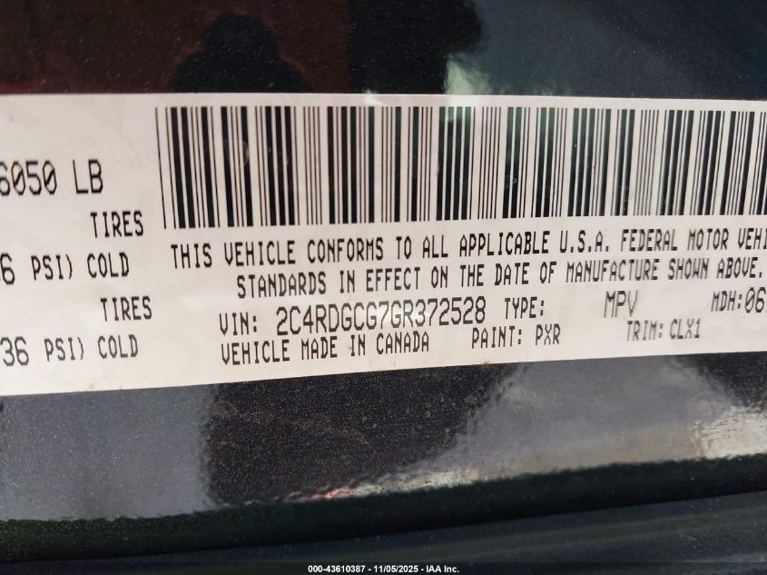 2016 Dodge Grand Caravan Sxt VIN: 2C4RDGCG7GR372528 Lot: 43610387