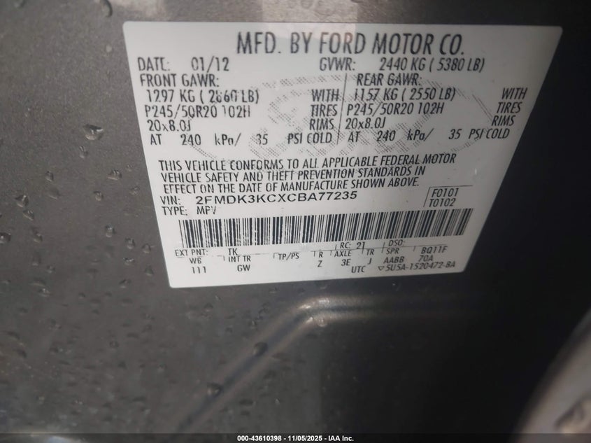 2FMDK3KCXCBA77235 2012 FORD EDGE photo no. 9