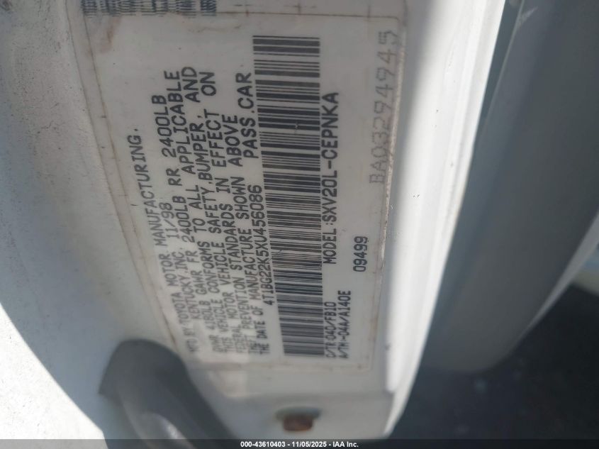 1999 Toyota Camry Le VIN: 4T1BG22K5XU456086 Lot: 43610403