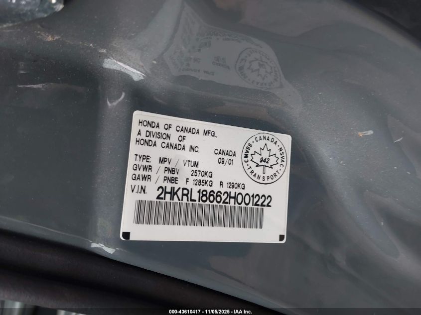 2002 Honda Odyssey Ex VIN: 2HKRL18662H012222 Lot: 43610417