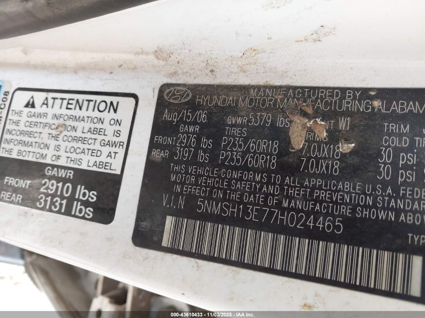 2007 Hyundai Santa Fe Limited/Se VIN: 5NMSH13E77H024465 Lot: 43610433
