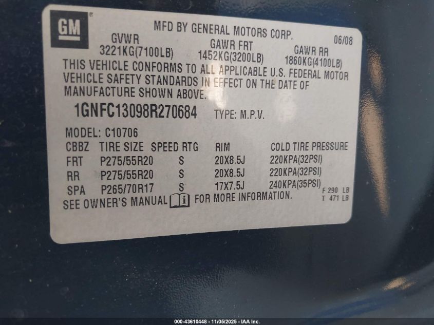 2008 Chevrolet Tahoe Ltz VIN: 1GNFC13098R270684 Lot: 43610448