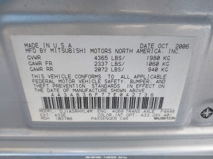 2007 Mitsubishi Galant Es/Se VIN: 4A3AB36F77E042736 Lot: 43610461