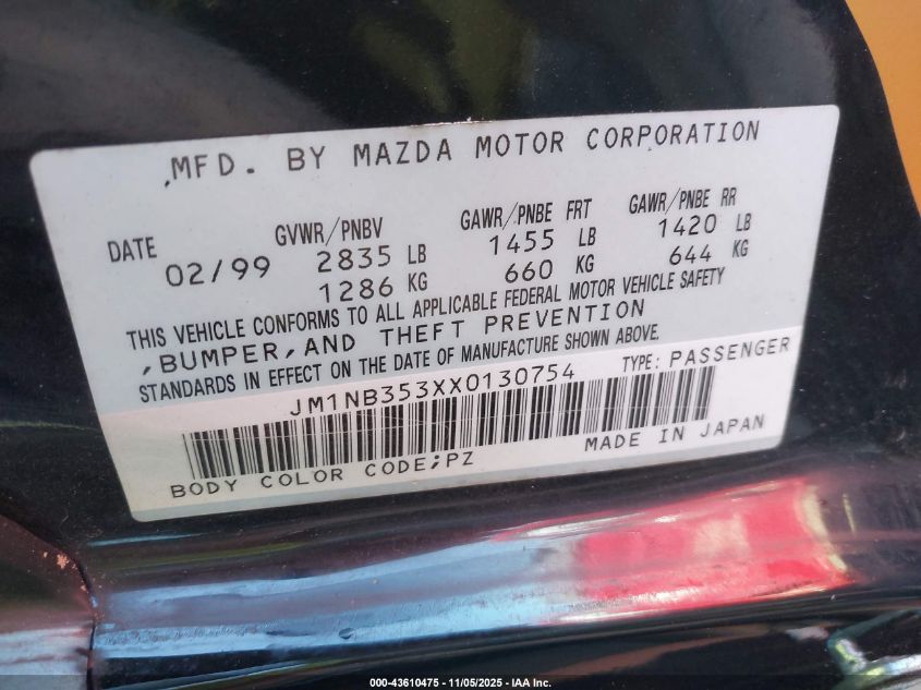 1999 Mazda Mx-5 Miata Leather Pkg/Popular Equipment Pkg/Sports Pkg/Touring Pkg VIN: JM1NB353XX0130754 Lot: 43610475
