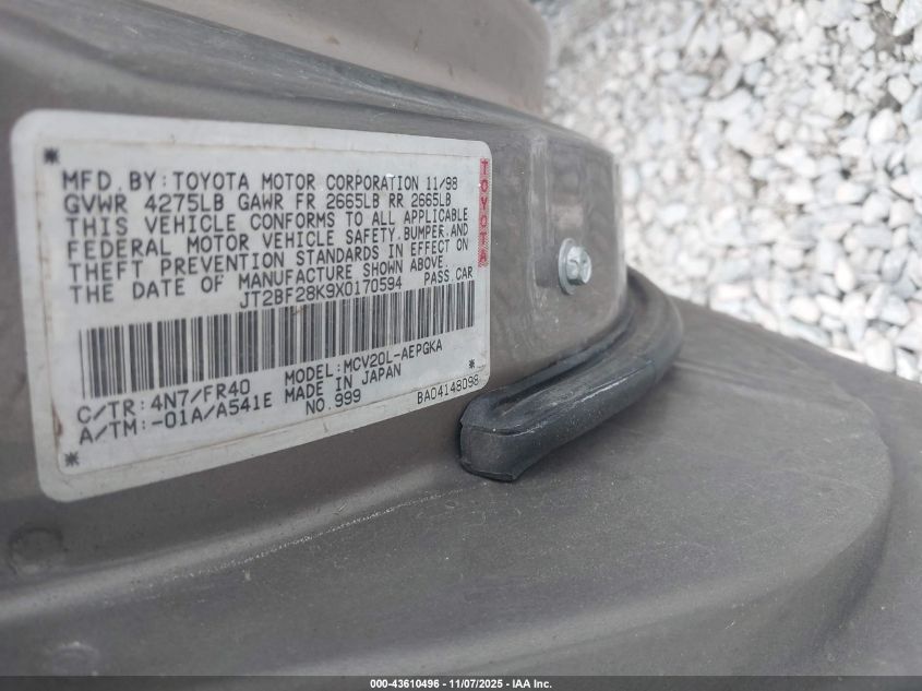 1999 Toyota Camry Xle V6 VIN: JT2BF28K9X0170594 Lot: 43610496