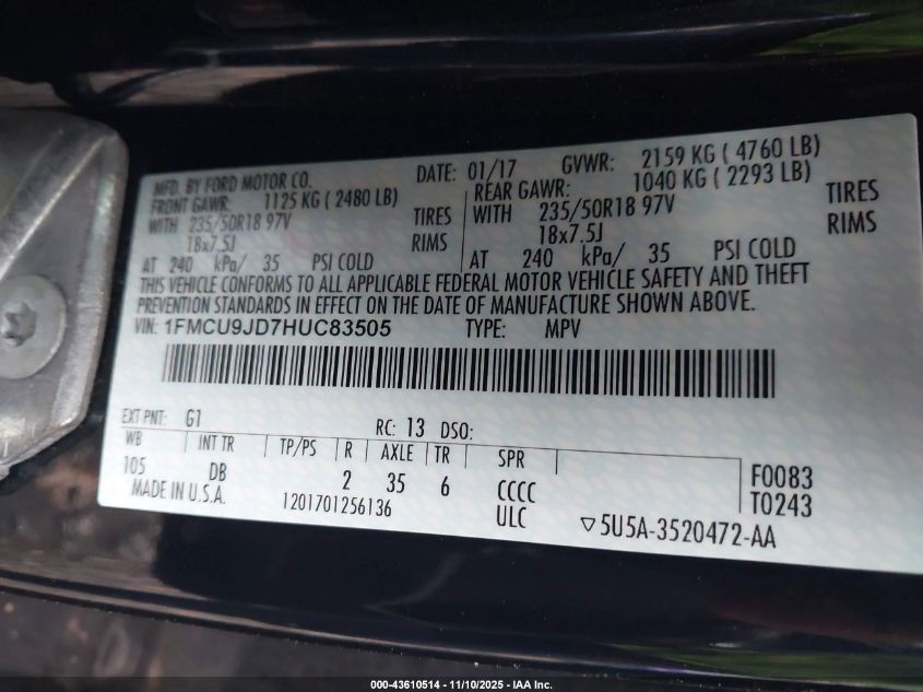 2017 Ford Escape Titanium VIN: 1FMCU9JD7HUC83505 Lot: 43610514