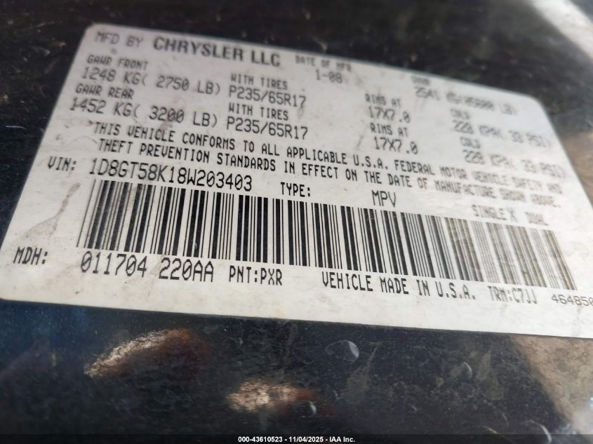 2008 Dodge Nitro Slt/Rt VIN: 1D8GT58K18W203403 Lot: 43610523