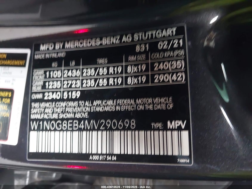 2021 MERCEDES-BENZ GLC 300 4MATIC SUV W1N0G8EB4MV290698