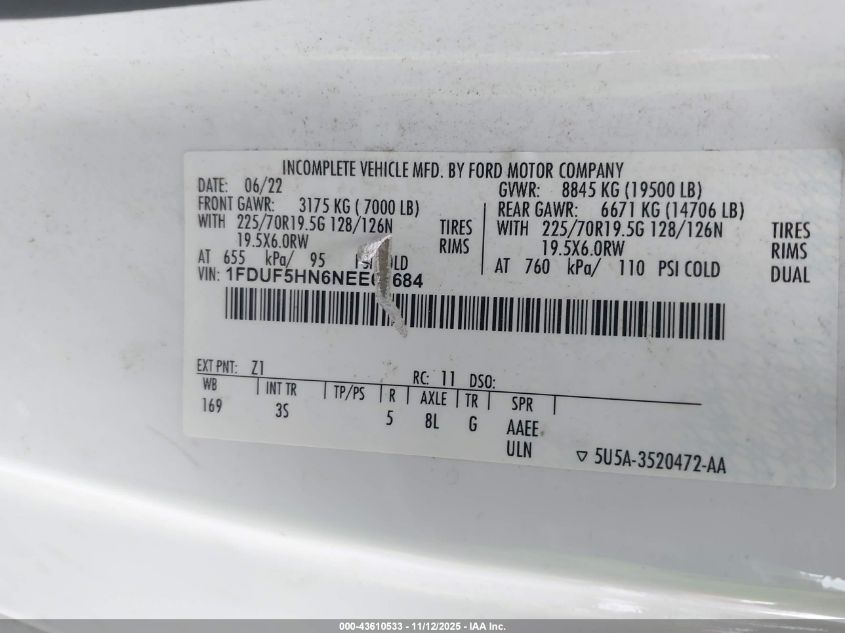 2022 Ford F-550 Chassis Xlt VIN: 1FDUF5HN6NEE67684 Lot: 43610533