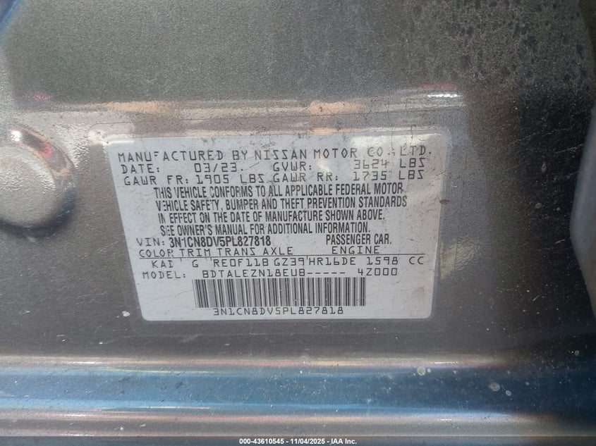 2023 NISSAN VERSA 1.6 S XTRONIC CVT 3N1CN8DV5PL827818