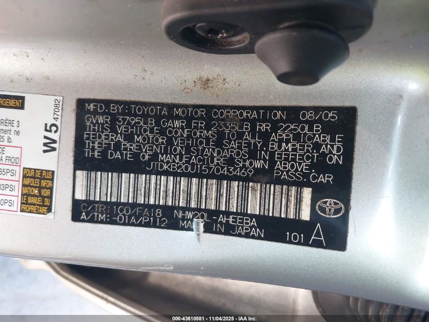 2005 Toyota Prius VIN: JTDKB20U157043469 Lot: 43610581