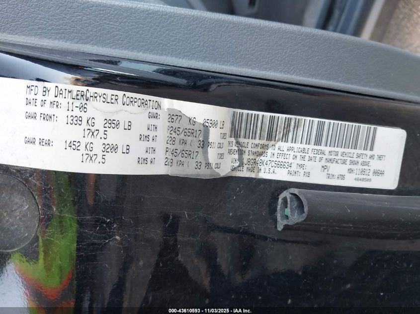 2007 Jeep Grand Cherokee Laredo VIN: 1J8GR48K47C566634 Lot: 43610593