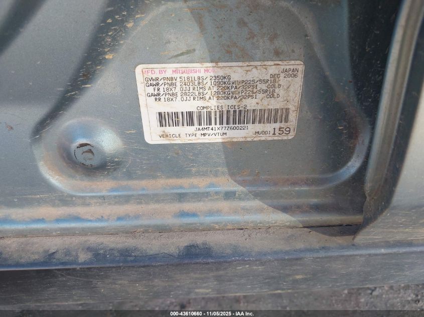 2007 Mitsubishi Outlander Xls VIN: JA4MT41X77Z600221 Lot: 43610660