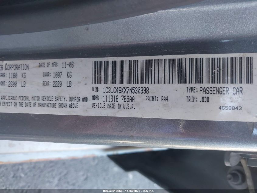 2007 Chrysler Sebring VIN: 1C3LC46KX7N530398 Lot: 43610666