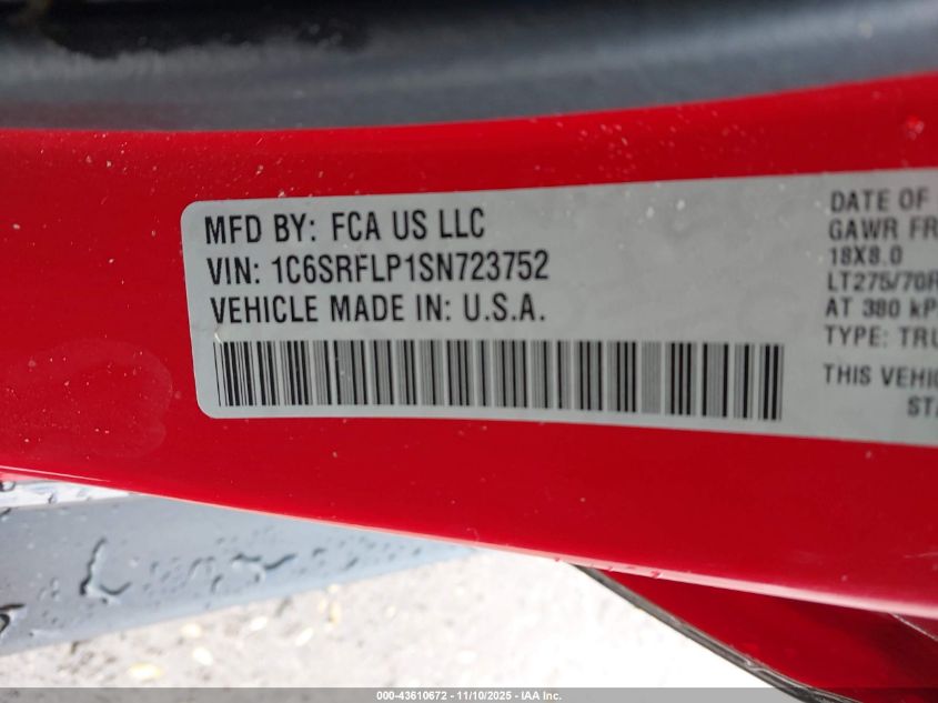 2025 Ram 1500 Rebel 4X4 5'7 Box VIN: 1C6SRFLP1SN723752 Lot: 43610672