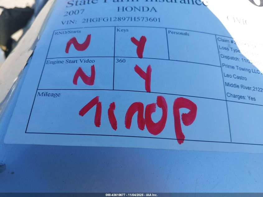 2007 Honda Civic Ex VIN: 2HGFG12897H573601 Lot: 43610677