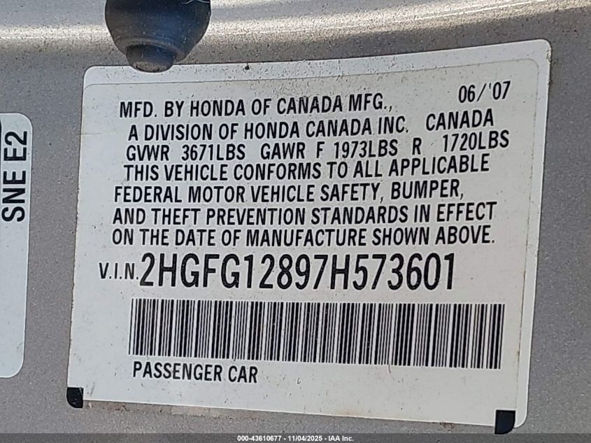 2007 Honda Civic Ex VIN: 2HGFG12897H573601 Lot: 43610677
