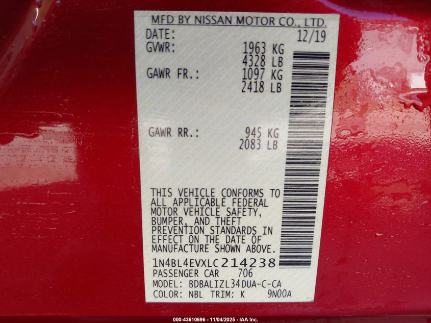 2020 NISSAN ALTIMA SL FWD 1N4BL4EVXLC214238