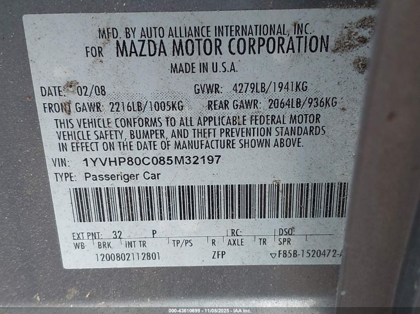 2008 Mazda Mazda6 I Sport VIN: 1YVHP80C085M32197 Lot: 43610699