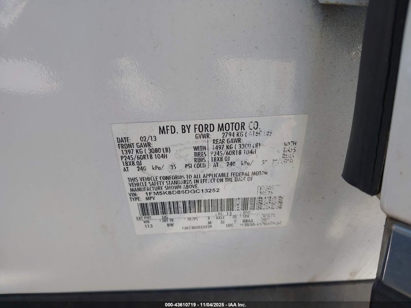 2013 Ford Explorer Xlt VIN: 1FM5K8D86DGC13252 Lot: 43610719