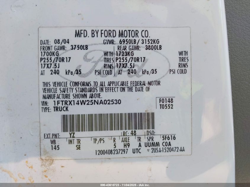 2005 Ford F-150 Stx/Xl/Xlt VIN: 1FTRX14W25NA02530 Lot: 43610723