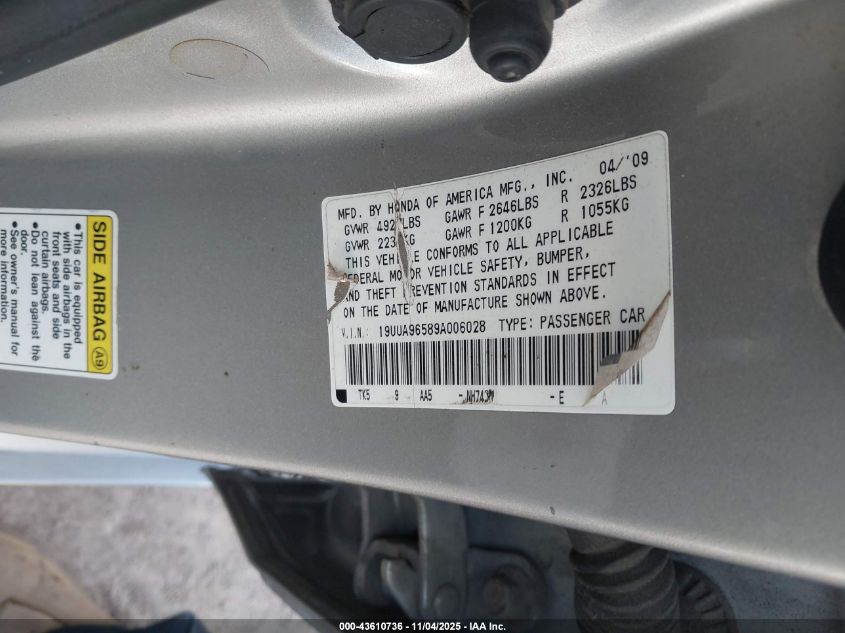 2009 Acura Tl 3.7 VIN: 19UUA96589A006028 Lot: 43610736