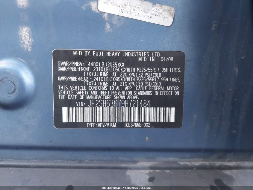 2009 Subaru Forester 2.5X VIN: JF2SH63679H721484 Lot: 43610740