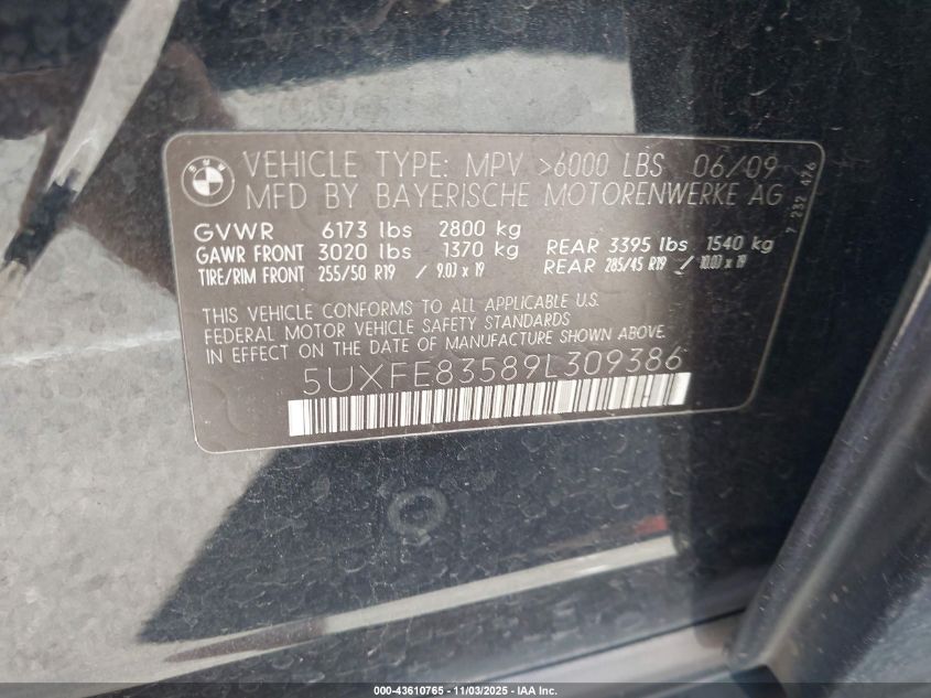 2009 BMW X5 xDrive48I VIN: 5UXFE83589L309386 Lot: 43610765