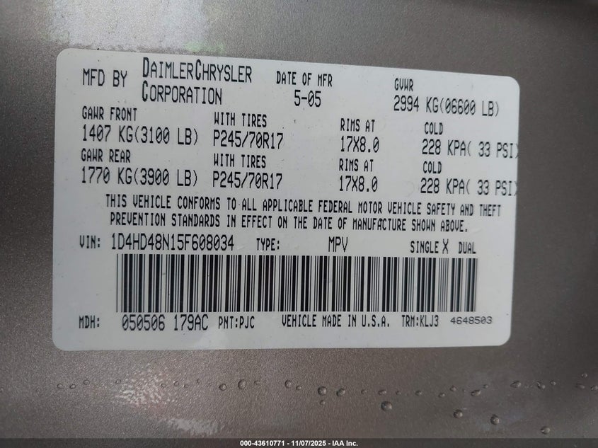1D4HD48N15F608034 2005 DODGE DURANGO photo no. 9