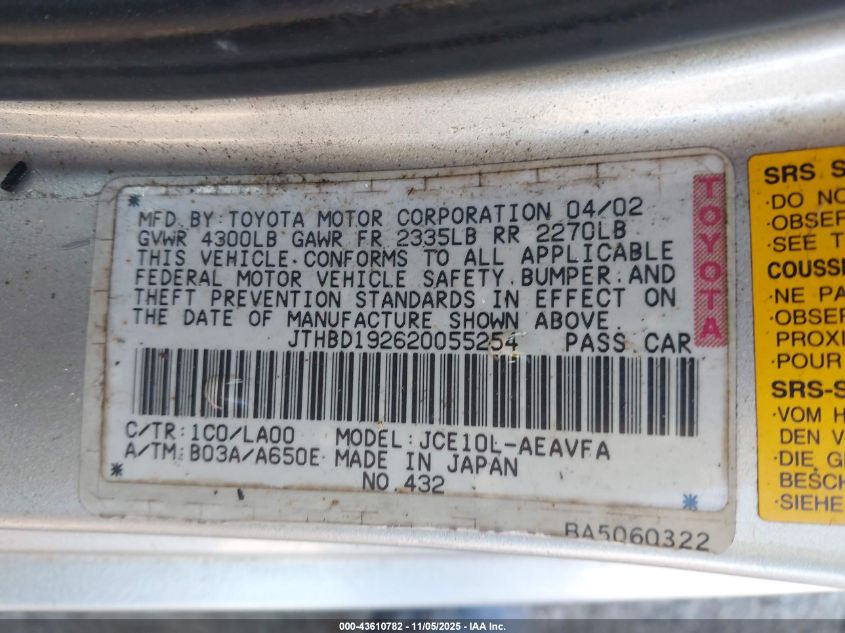 2002 Lexus Is 300 VIN: JTHBD192620055254 Lot: 43610782