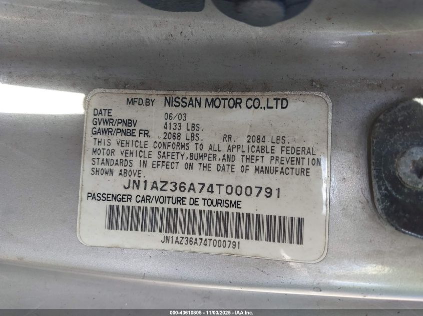 2004 Nissan 350Z Touring VIN: JN1AZ36A74T000791 Lot: 43610805