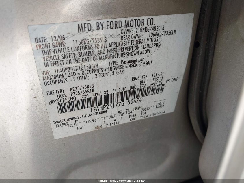 2007 Ford Five Hundred Limited VIN: 1FAHP25177G150674 Lot: 43610807