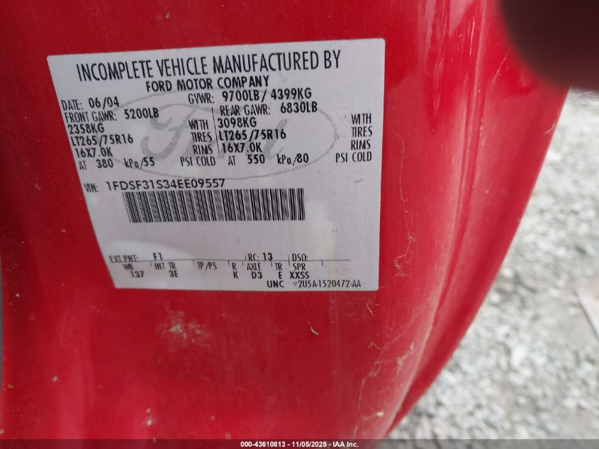 2004 Ford F350 Srw Super Duty VIN: 1FDSF31S34EE09557 Lot: 43610813