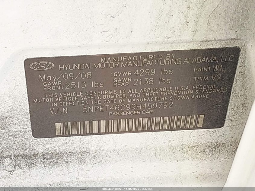 2009 Hyundai Sonata Gls VIN: 5NPET46C99H459792 Lot: 43610822