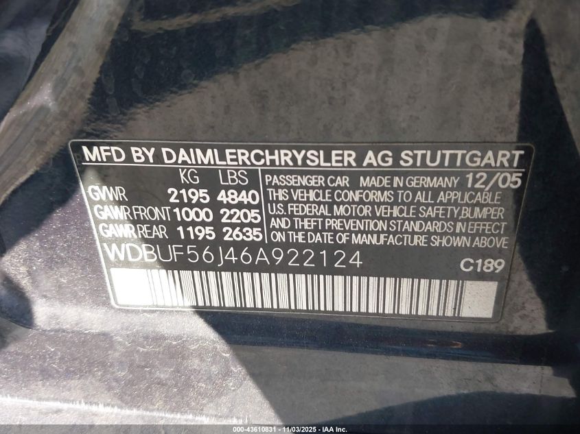 2006 Mercedes-Benz E 350 VIN: WDBUF56J46A922124 Lot: 43610831