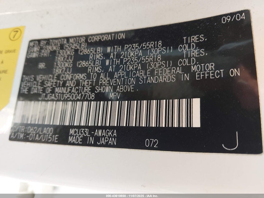 2005 Lexus Rx 330 VIN: JTJGA31U950047708 Lot: 43610858