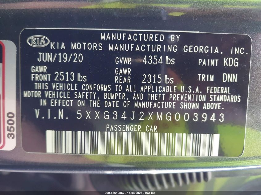 2021 Kia K5 Ex VIN: 5XXG34J2XMG003943 Lot: 43610862