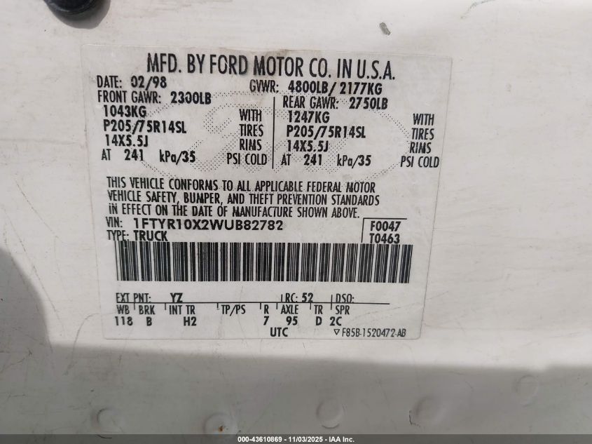 1998 Ford Ranger Splash/Xl/Xlt VIN: 1FTYR10X2WUB82782 Lot: 43610869