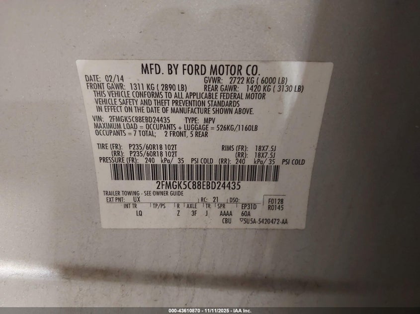 2014 FORD FLEX SEL 2FMGK5C88EBD24435