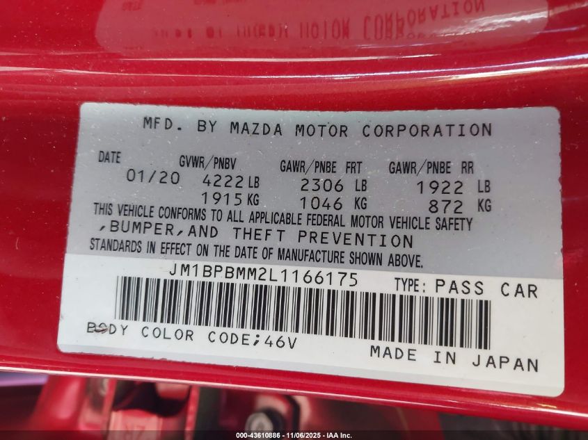2020 Mazda Mazda3 Preferred Package VIN: JM1BPBMM2L1166175 Lot: 43610886