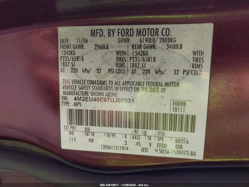 4M2EU48E97UJ07031 2007 MERCURY MOUNTAINEER photo no. 9