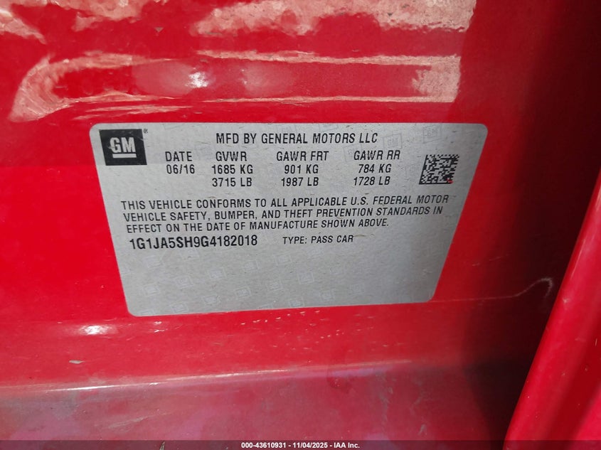 2016 CHEVROLET SONIC LS AUTO 1G1JA5SH9G4182018