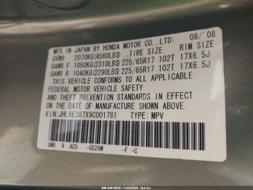 2009 Honda Cr-V Ex-L VIN: JHLRE387X9C001781 Lot: 43610939
