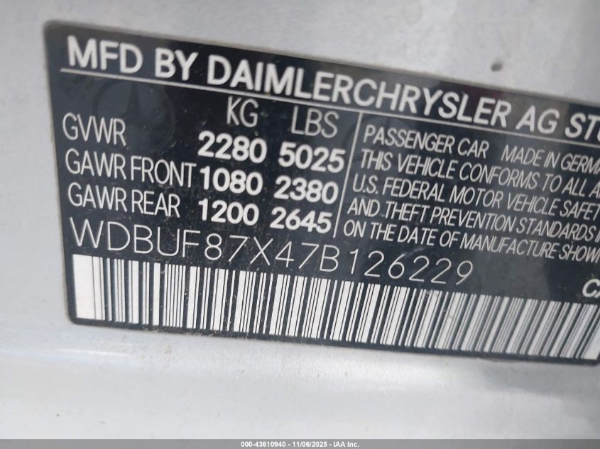 2007 Mercedes-Benz E 350 4Matic VIN: WDBUF87X47B126229 Lot: 43610940