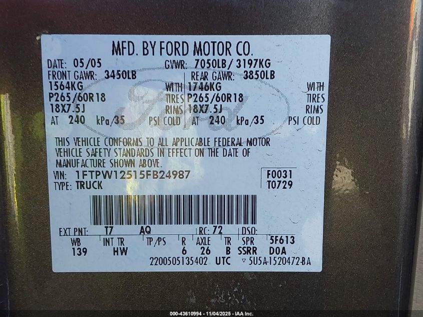 2005 Ford F-150 Lariat/Xlt VIN: 1FTPW12515FB24987 Lot: 43610994