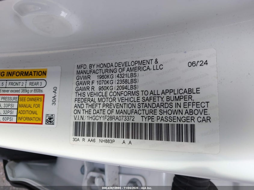VIN 1HGCY1F28RA073372 2024 HONDA ACCORD LX