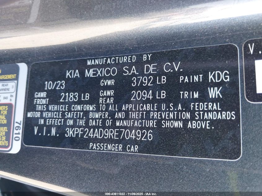 2024 Kia Forte Lxs VIN: 3KPF24AD9RE704926 Lot: 43611022